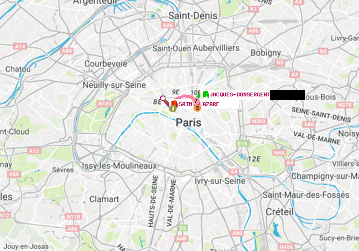 plan itinéraire ratp de Jacques-Bonsergent à Saint-Lazare