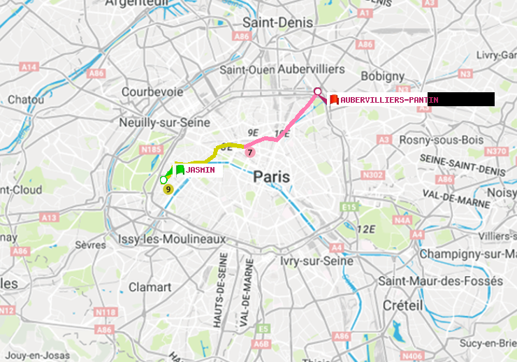 plan itinéraire ratp de Jasmin à Aubervilliers Pantin (4 Chemins)