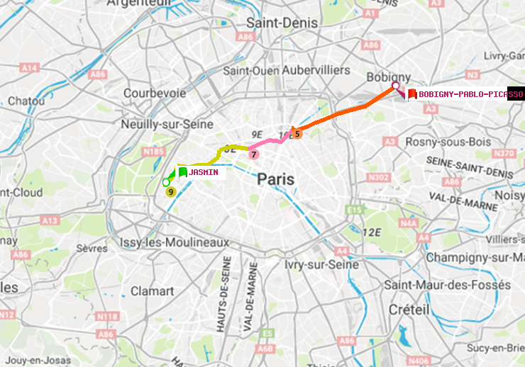 plan itinéraire ratp de Jasmin à Bobigny-Pablo-Picasso