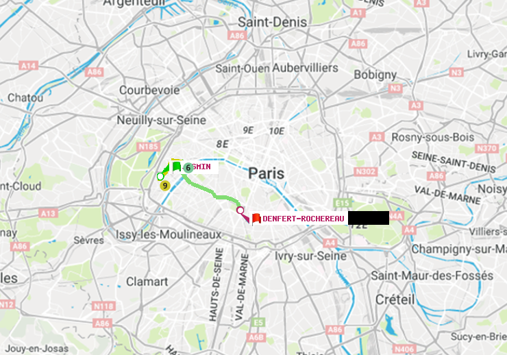 plan itinéraire ratp de Jasmin à Denfert-Rochereau