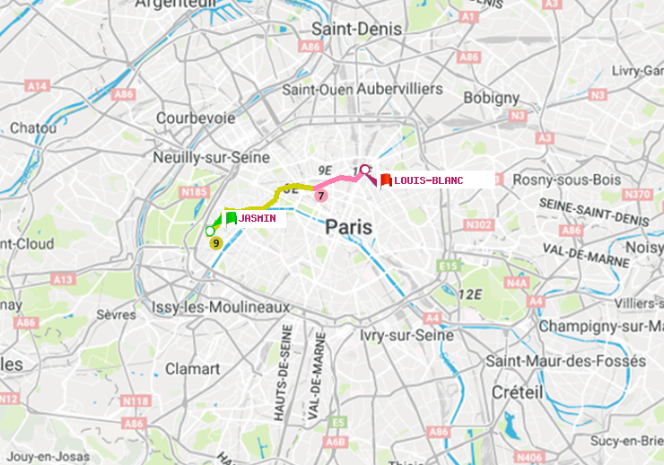 plan itinéraire ratp de Jasmin à Louis Blanc