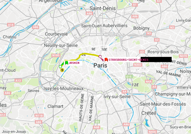 plan itinéraire ratp de Jasmin à Strasbourg-Saint-Denis