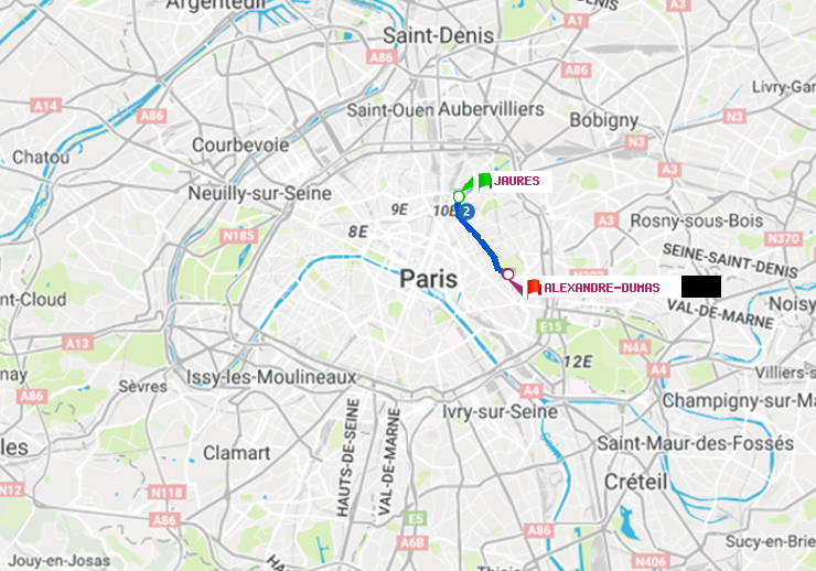 plan itinéraire ratp de Jaurès à Alexandre-Dumas
