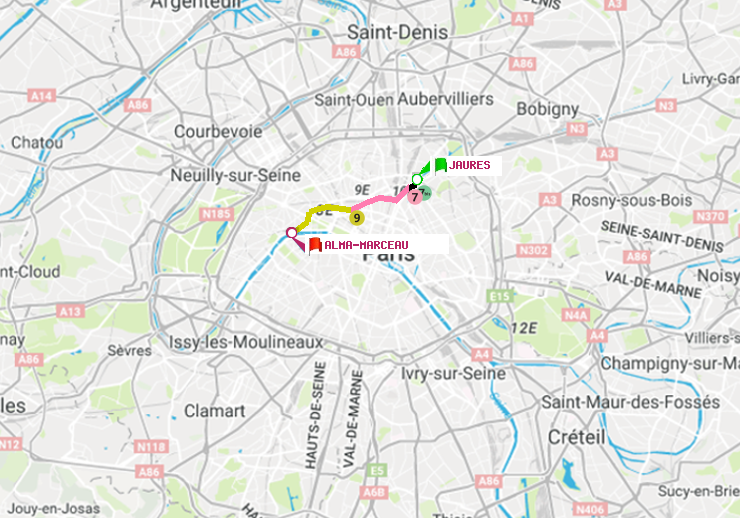 plan itinéraire ratp de Jaurès à Alma-Marceau