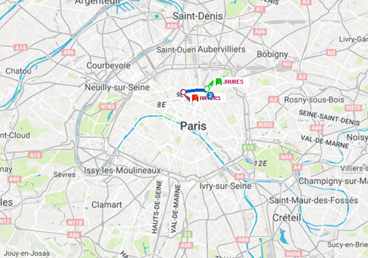 plan itinéraire ratp de Jaurès à Anvers
