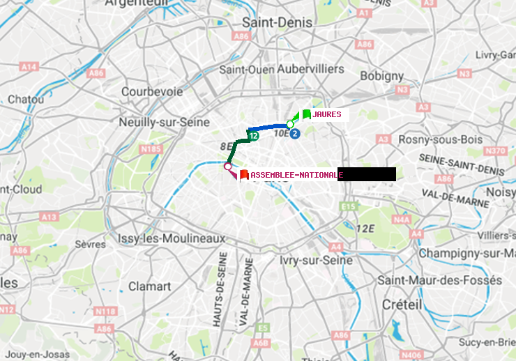 plan itinéraire ratp de Jaurès à Assemblée Nationale