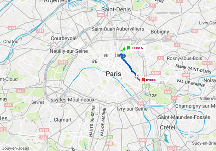 plan itinéraire ratp de Jaurès à Avron