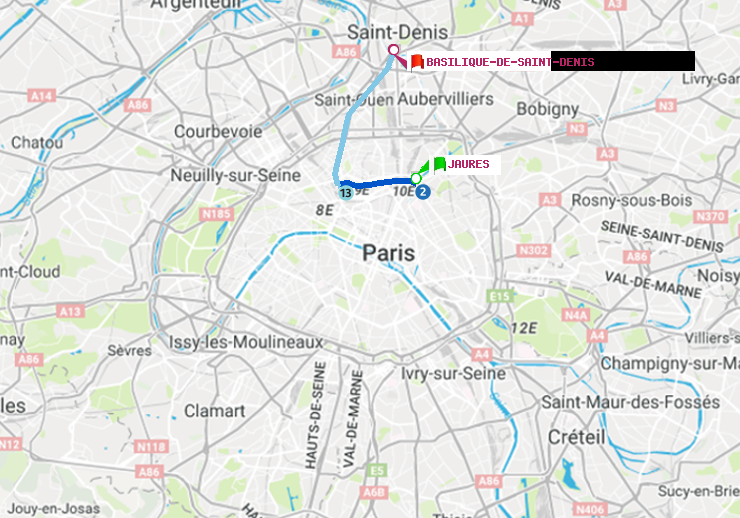 plan itinéraire ratp de Jaurès à Basilique de Saint-Denis