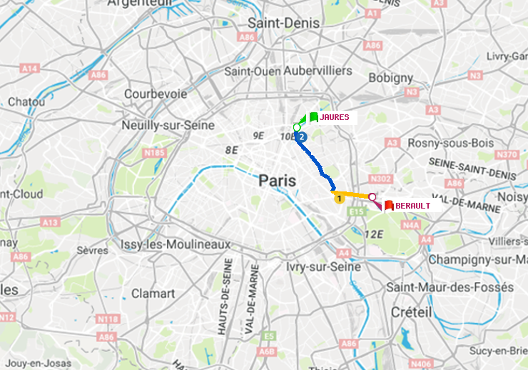 plan itinéraire ratp de Jaurès à Bérault