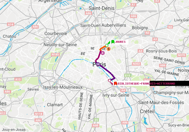 plan itinéraire ratp de Jaurès à Bibliotheque-Francois Mitterrand