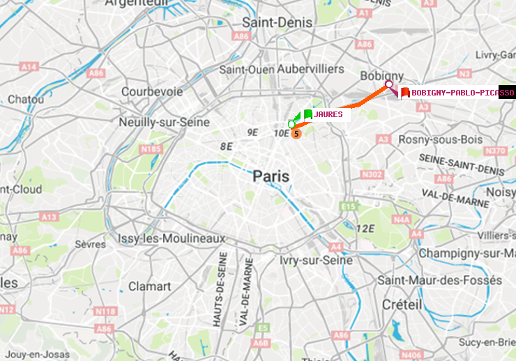 plan itinéraire ratp de Jaurès à Bobigny-Pablo-Picasso