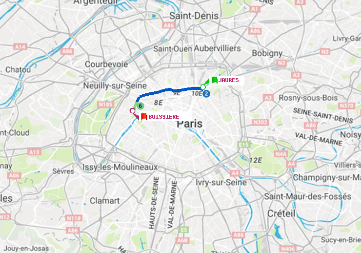 plan itinéraire ratp de Jaurès à Boissière
