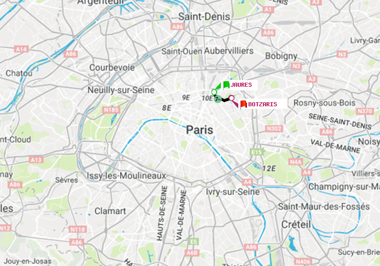 plan itinéraire ratp de Jaurès à Botzaris