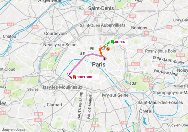 plan itinéraire ratp de Jaurès à Boucicaut