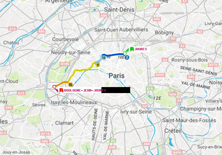 plan itinéraire ratp de Jaurès à Boulogne-Jean-Jaurès