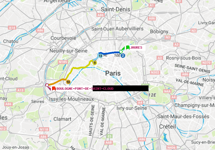 plan itinéraire ratp de Jaurès à Boulogne Pont de Saint-Cloud