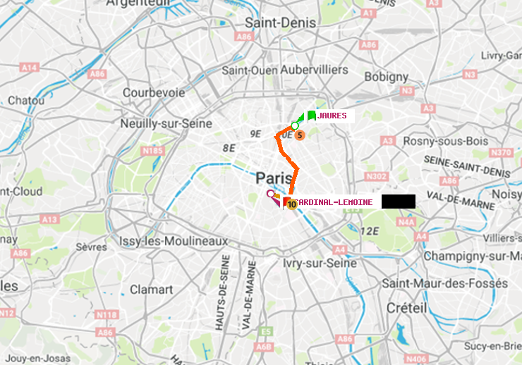 plan itinéraire ratp de Jaurès à Cardinal-Lemoine
