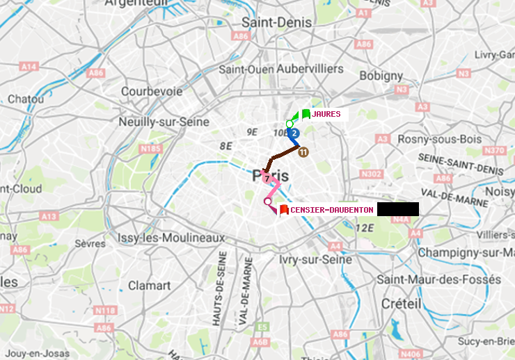 plan itinéraire ratp de Jaurès à Censier-Daubenton