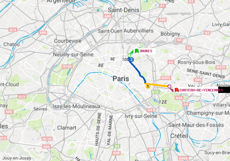 plan itinéraire ratp de Jaurès à Château de Vincennes