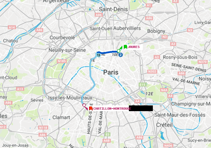 plan itinéraire ratp de Jaurès à Châtillon Montrouge