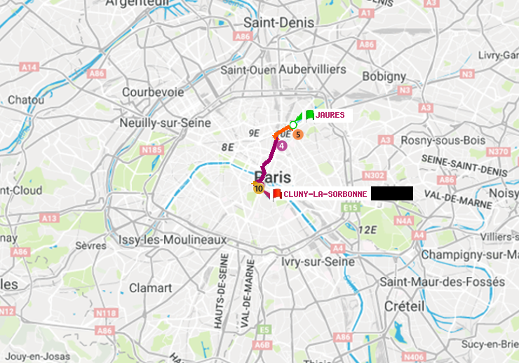 plan itinéraire ratp de Jaurès à Cluny-La Sorbonne