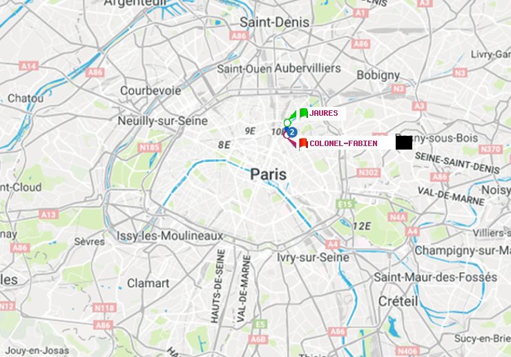 plan itinéraire ratp de Jaurès à Colonel Fabien