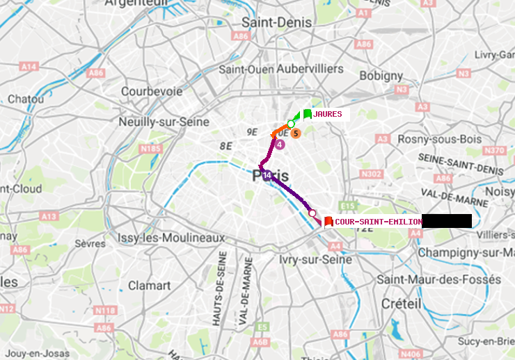 plan itinéraire ratp de Jaurès à Cour Saint-Emilion