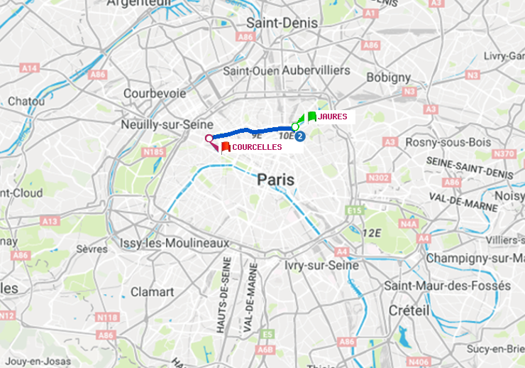 plan itinéraire ratp de Jaurès à Courcelles