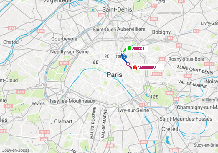plan itinéraire ratp de Jaurès à Couronnes