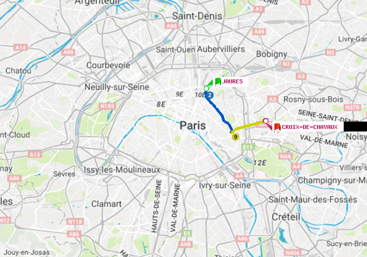 plan itinéraire ratp de Jaurès à Croix-de-Chavaux (Jacques Duclos)