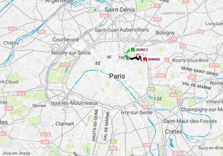 plan itinéraire ratp de Jaurès à Danube