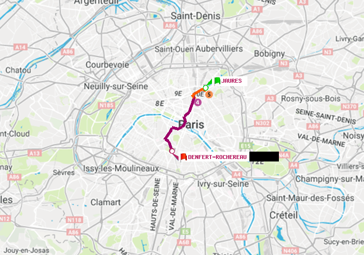 plan itinéraire ratp de Jaurès à Denfert-Rochereau