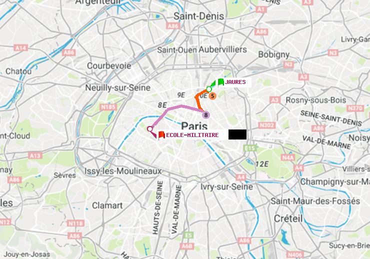 plan itinéraire ratp de Jaurès à Ecole Militaire