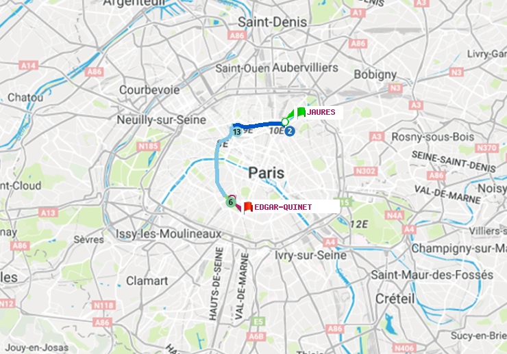 plan itinéraire ratp de Jaurès à Edgar-Quinet