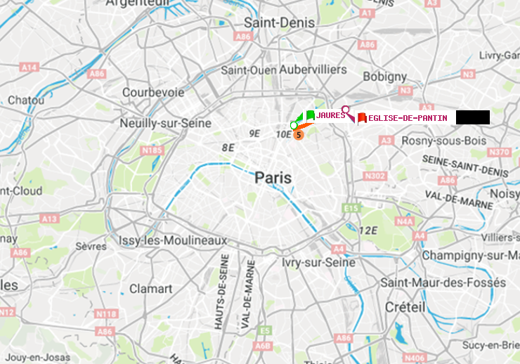 plan itinéraire ratp de Jaurès à Eglise de Pantin