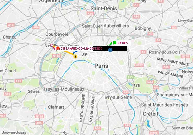 plan itinéraire ratp de Jaurès à Esplanade de la Défense
