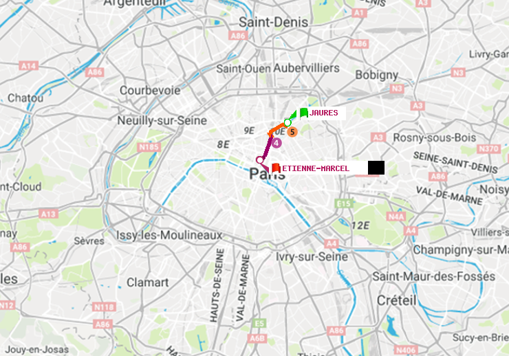 plan itinéraire ratp de Jaurès à Etienne Marcel