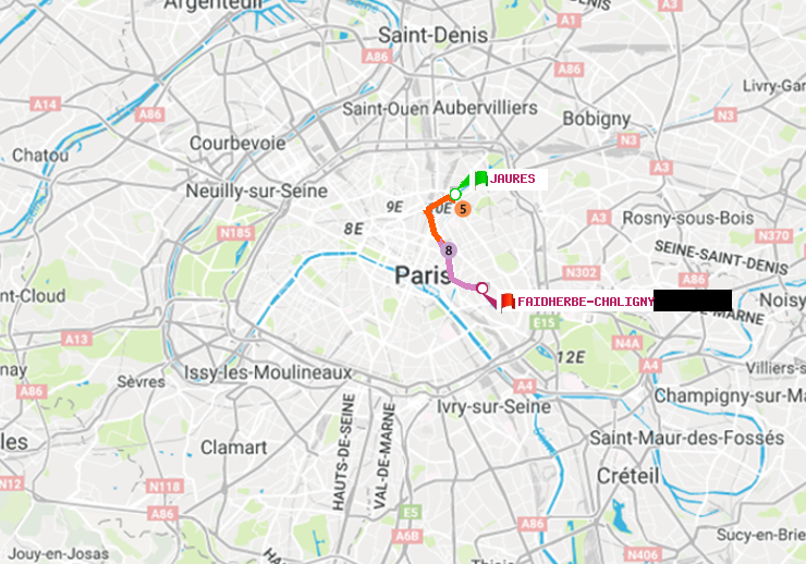 plan itinéraire ratp de Jaurès à Faidherbe-Chaligny