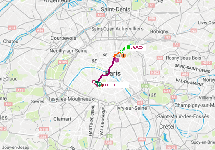 plan itinéraire ratp de Jaurès à Falguière