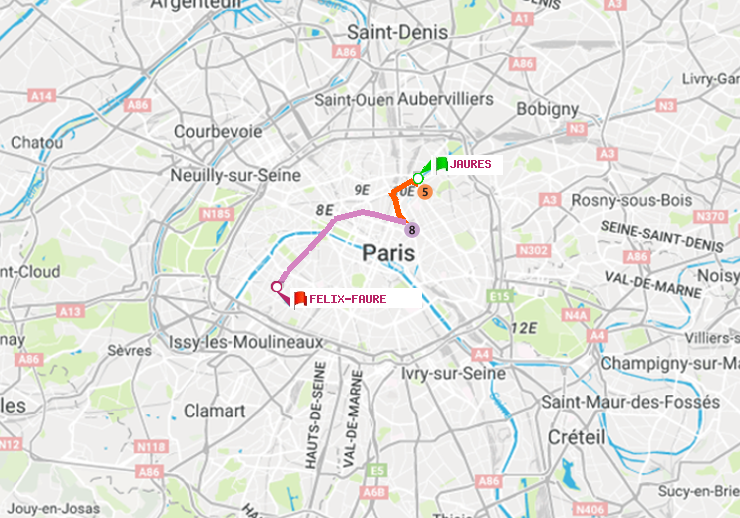 plan itinéraire ratp de Jaurès à Félix Faure