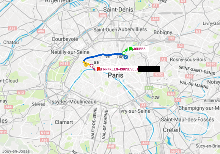 plan itinéraire ratp de Jaurès à Franklin-Roosevelt