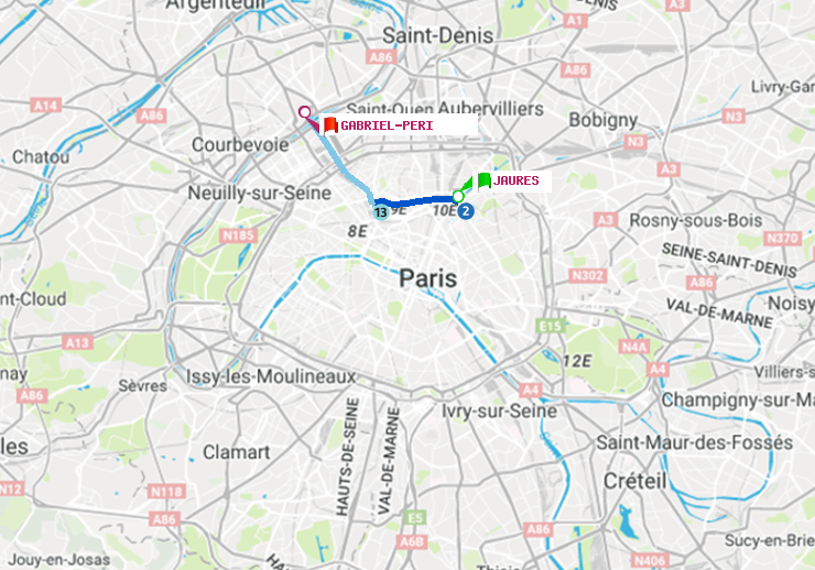 plan itinéraire ratp de Jaurès à Gabriel-Péri