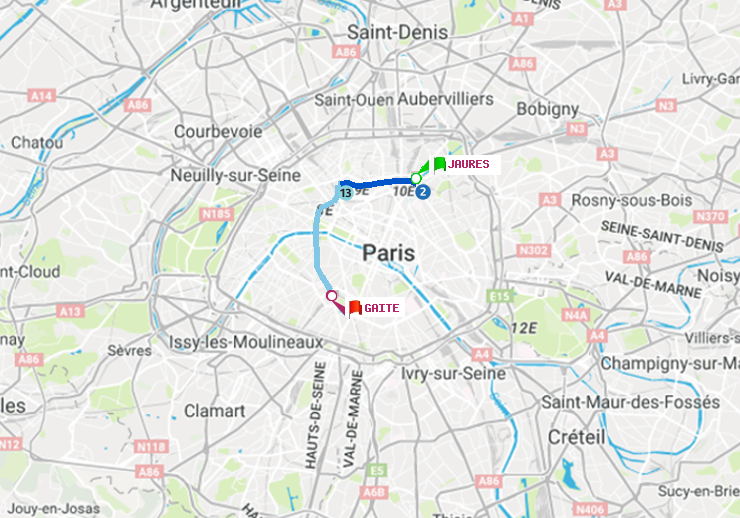 plan itinéraire ratp de Jaurès à Gaité