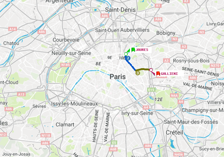 plan itinéraire ratp de Jaurès à Gallieni (Parc de Bagnolet)