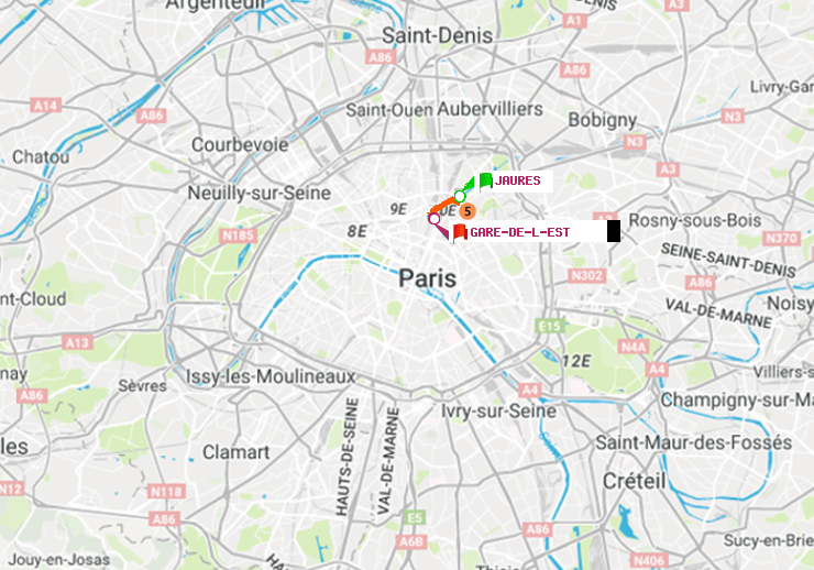 plan itinéraire ratp de Jaurès à Gare de l