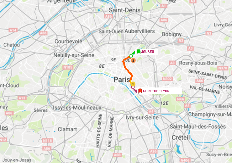 plan itinéraire ratp de Jaurès à Gare de Lyon