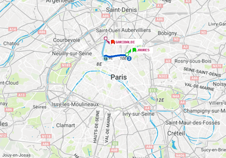 plan itinéraire ratp de Jaurès à Garibaldi
