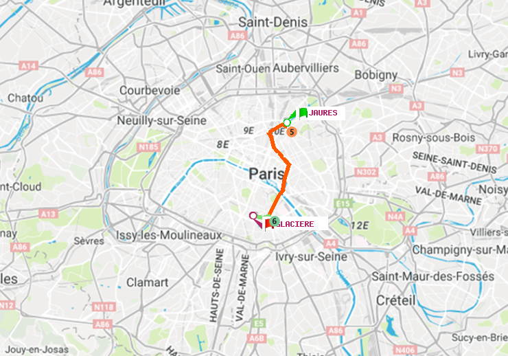 plan itinéraire ratp de Jaurès à Glacière