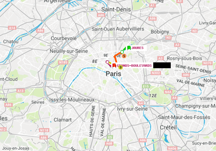 plan itinéraire ratp de Jaurès à Grands Boulevards