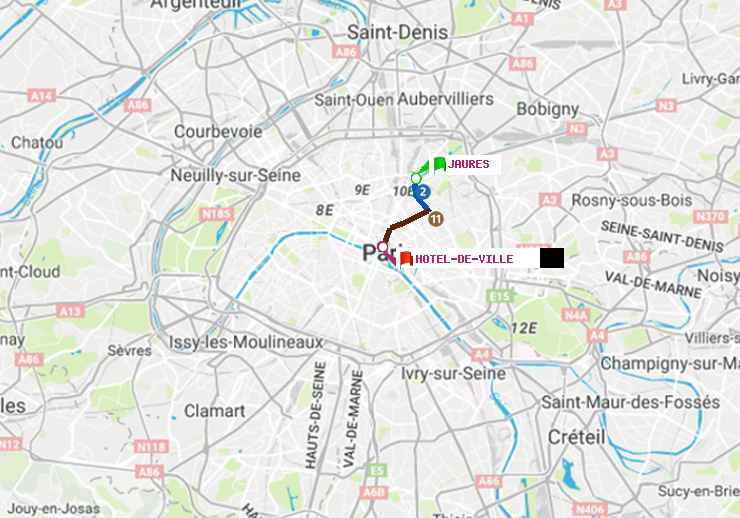 plan itinéraire ratp de Jaurès à Hôtel de Ville
